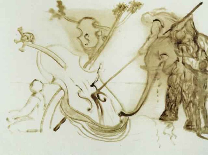 warrior mounted on an elephant overpowering a cello 1983.jpg